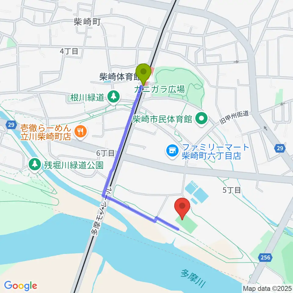 明治安田TACHIKAWAフィールドの最寄駅柴崎体育館駅からの徒歩ルート（約7分）地図