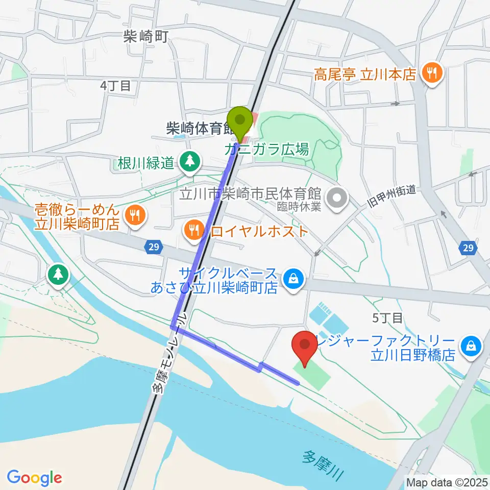 明治安田TACHIKAWAフィールドの最寄駅柴崎体育館駅からの徒歩ルート（約7分）地図
