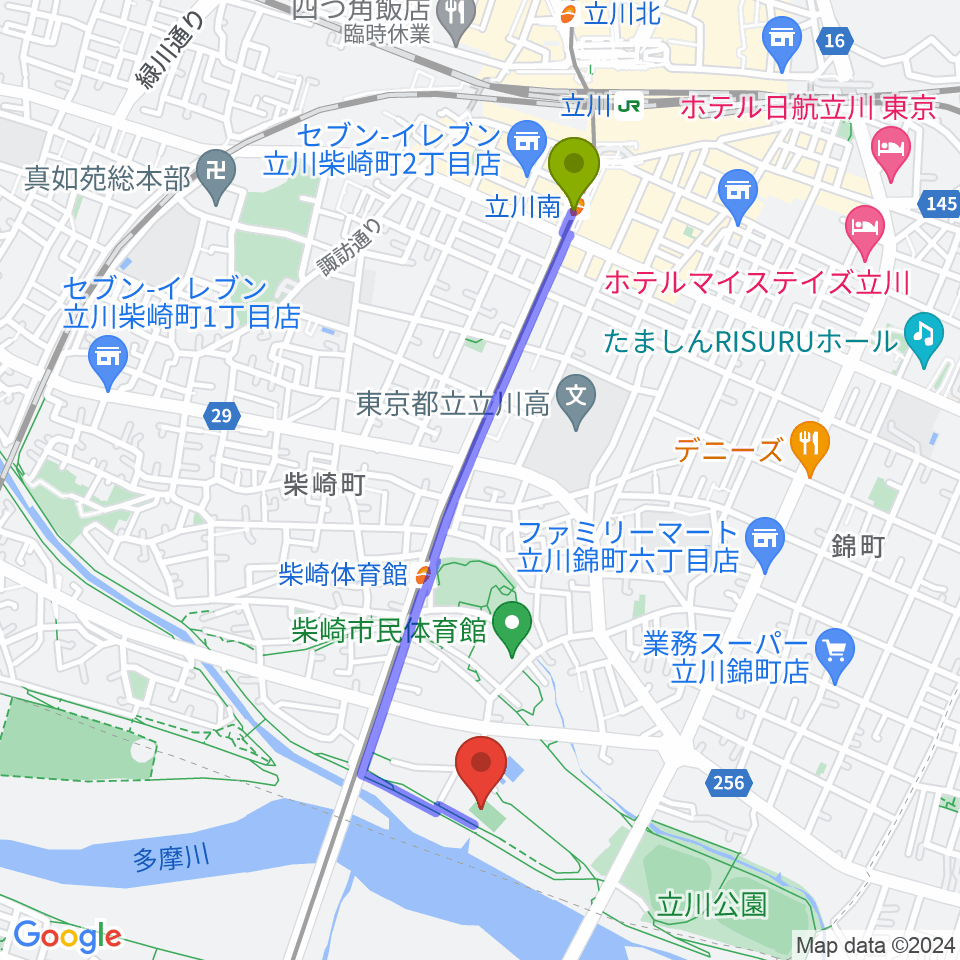 立川南駅から明治安田TACHIKAWAフィールドへのルートマップ地図