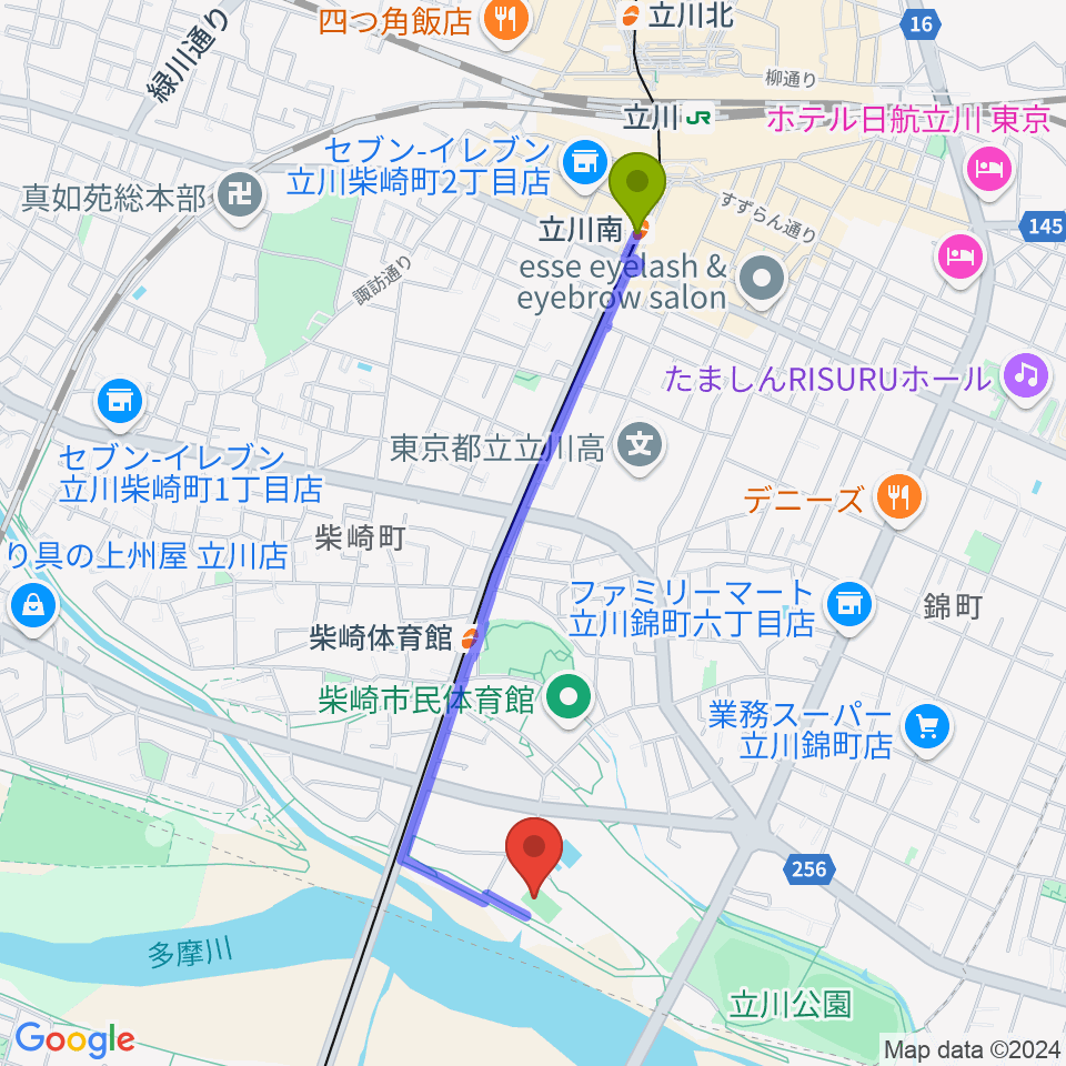 立川南駅から明治安田TACHIKAWAフィールドへのルートマップ地図