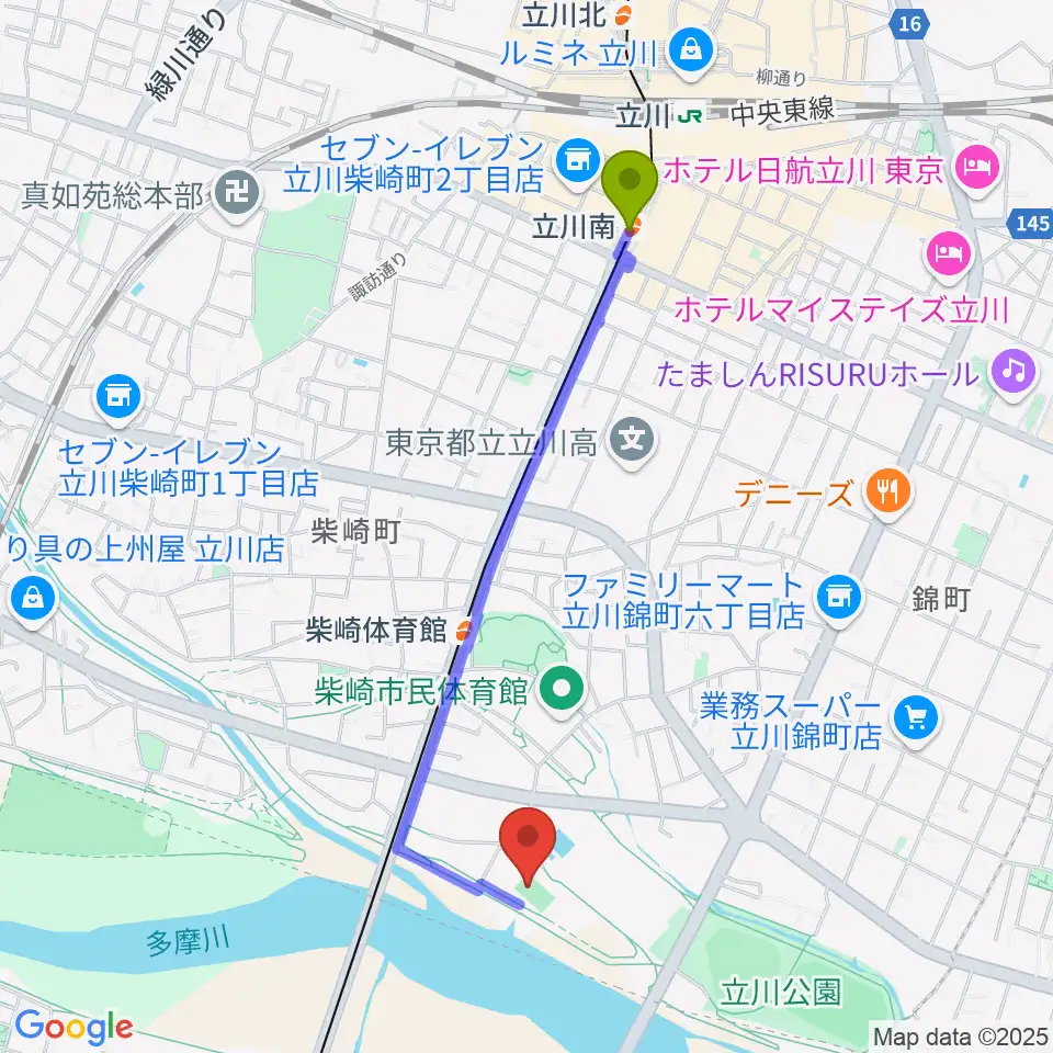 立川南駅から明治安田TACHIKAWAフィールドへのルートマップ地図