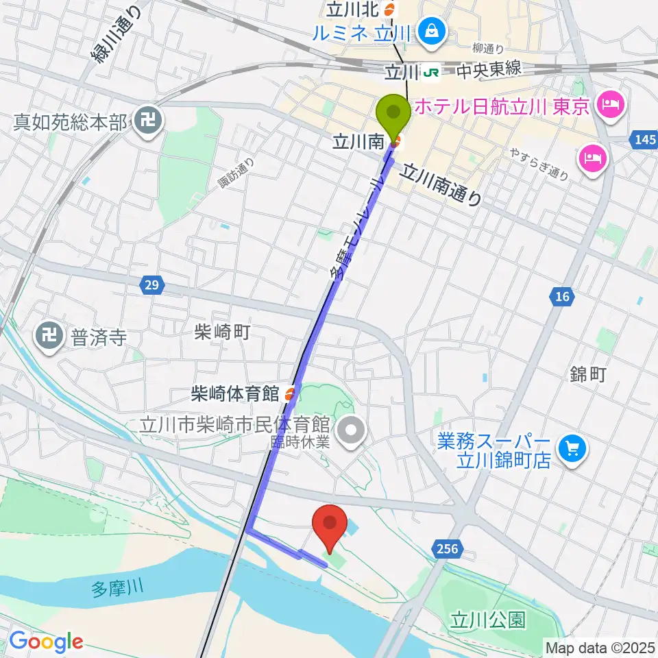 立川南駅から明治安田TACHIKAWAフィールドへのルートマップ地図
