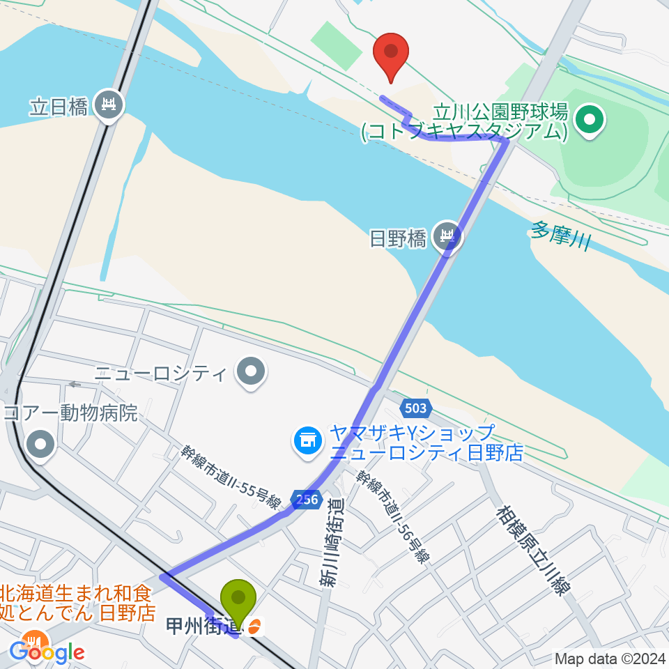 甲州街道駅から立川公園新堤防運動広場へのルートマップ地図