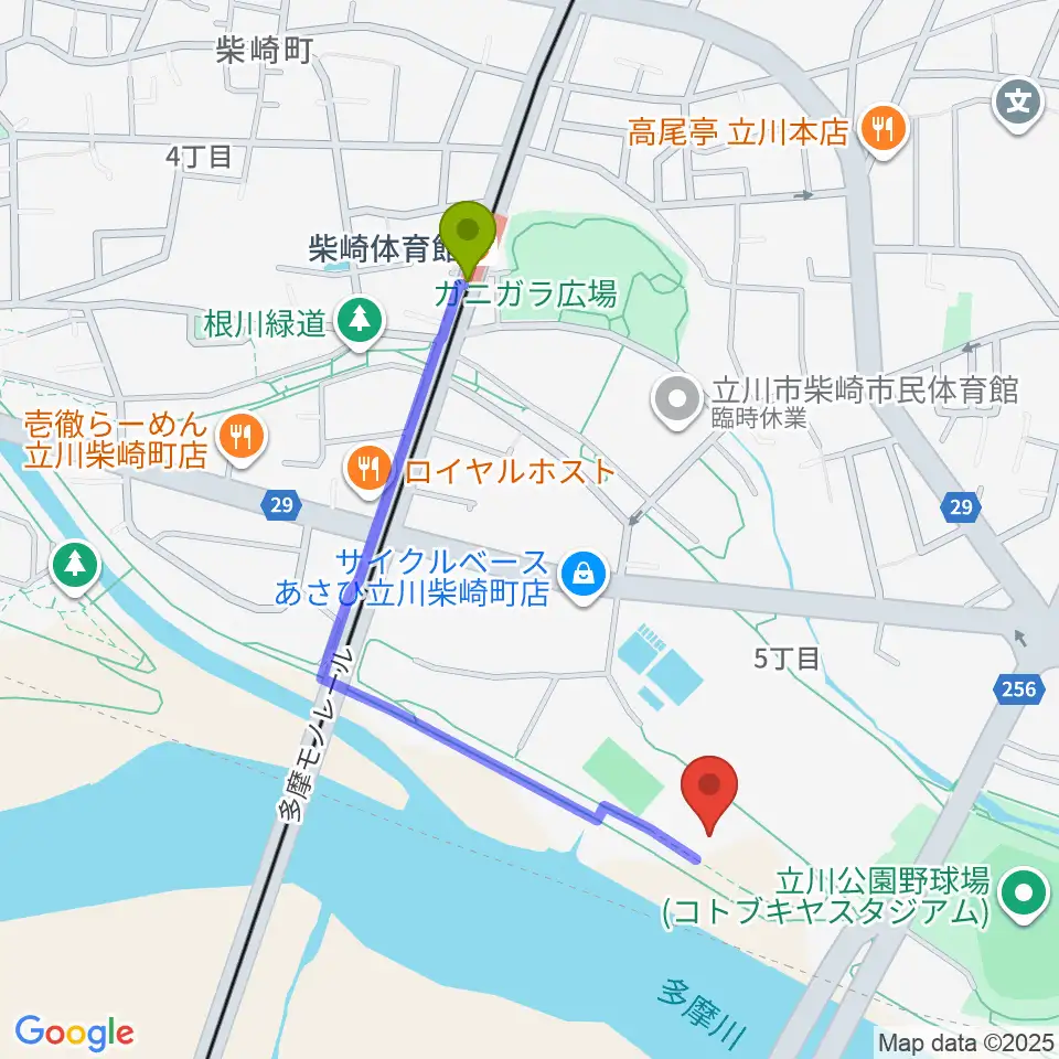 立川公園新堤防運動広場の最寄駅柴崎体育館駅からの徒歩ルート（約9分）地図