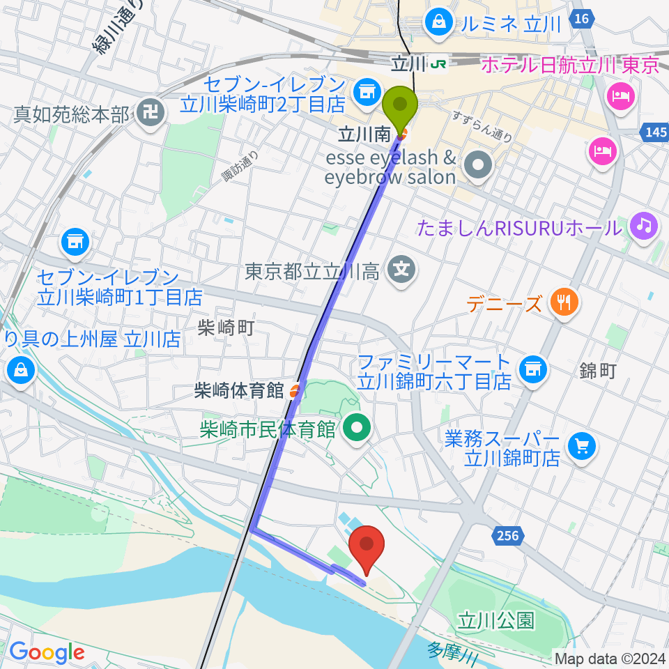 立川南駅から立川公園新堤防運動広場へのルートマップ地図