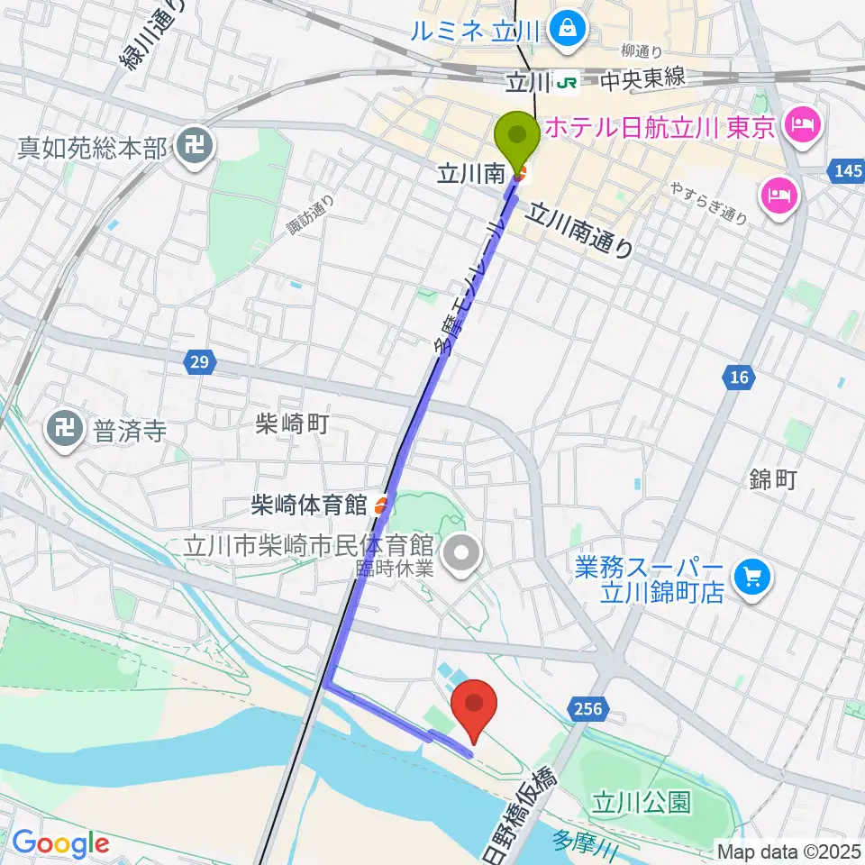 立川南駅から立川公園新堤防運動広場へのルートマップ地図