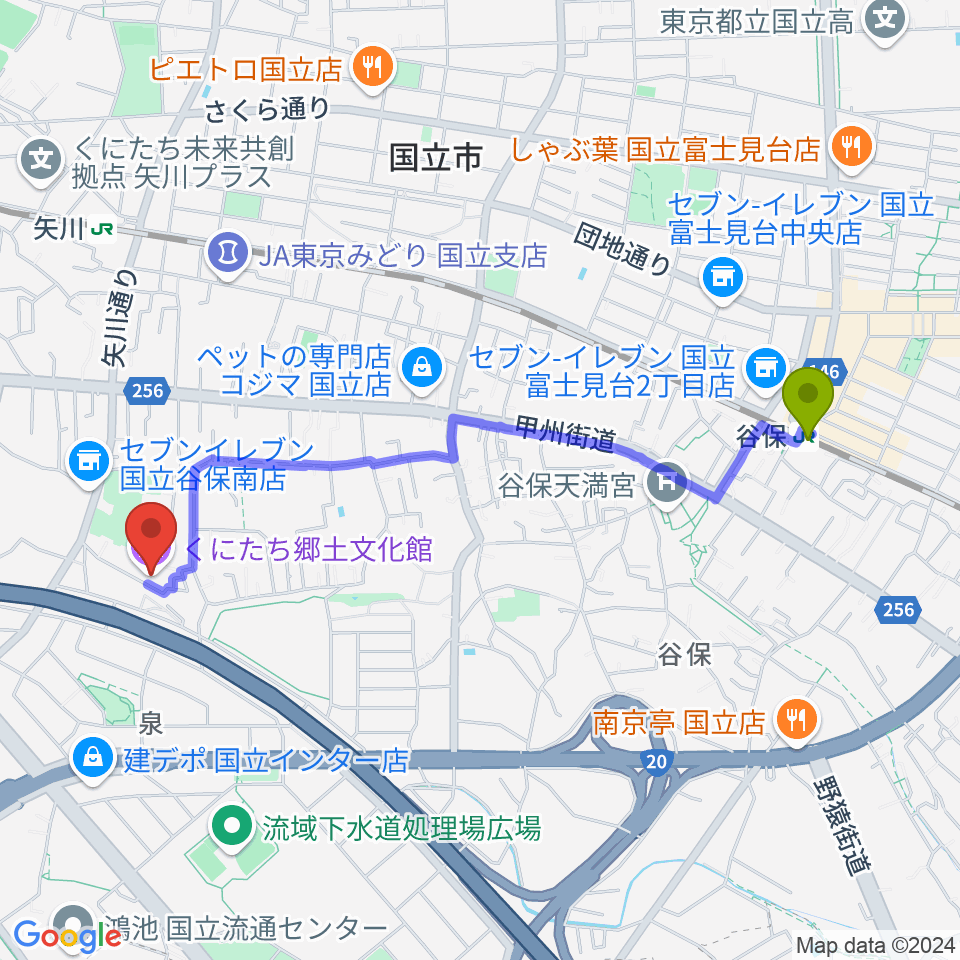 谷保駅からくにたち郷土文化館へのルートマップ地図