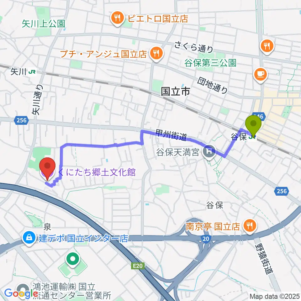 谷保駅からくにたち郷土文化館へのルートマップ地図