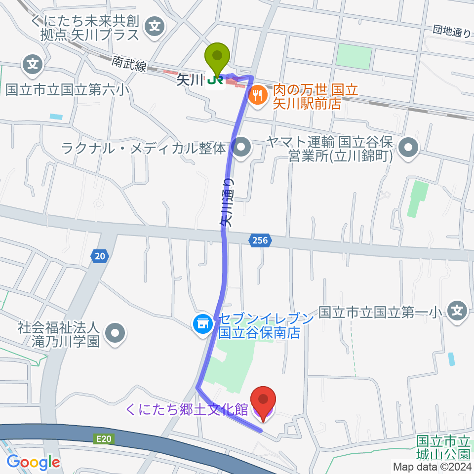 くにたち郷土文化館の最寄駅矢川駅からの徒歩ルート（約11分）地図