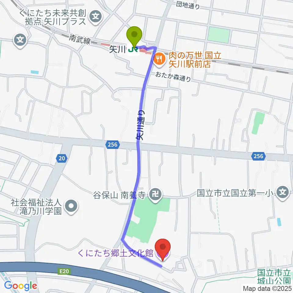 くにたち郷土文化館の最寄駅矢川駅からの徒歩ルート（約11分）地図