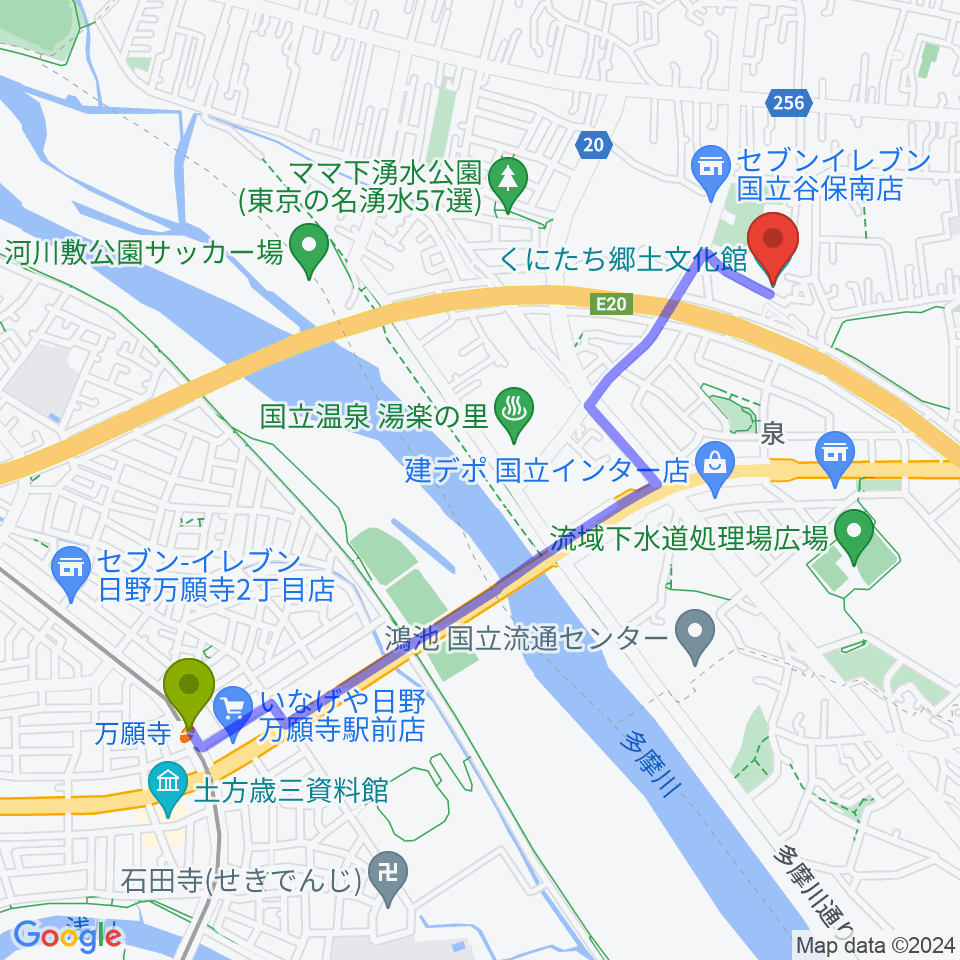 万願寺駅からくにたち郷土文化館へのルートマップ地図