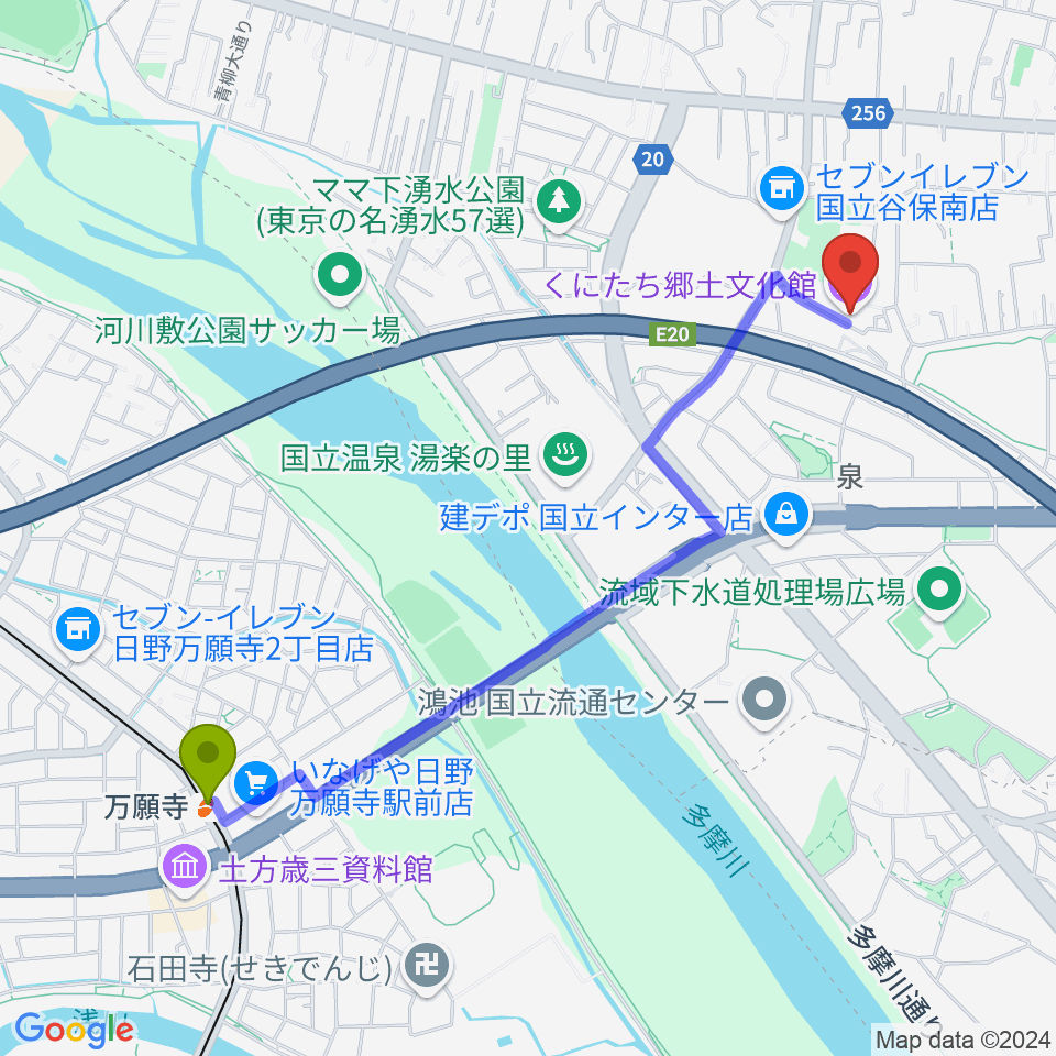 万願寺駅からくにたち郷土文化館へのルートマップ地図