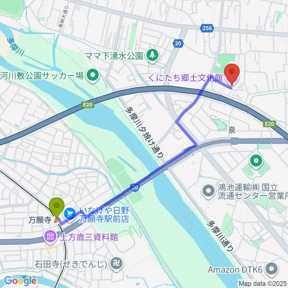 万願寺駅からくにたち郷土文化館へのルートマップ地図