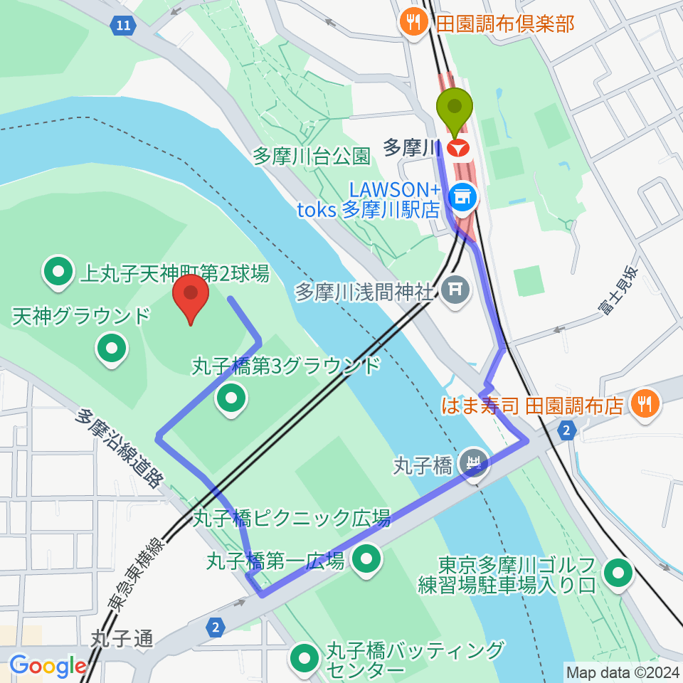 多摩川丸子橋硬式野球場の最寄駅多摩川駅からの徒歩ルート（約7分）地図