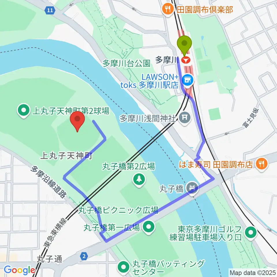 多摩川丸子橋硬式野球場の最寄駅多摩川駅からの徒歩ルート（約7分）地図