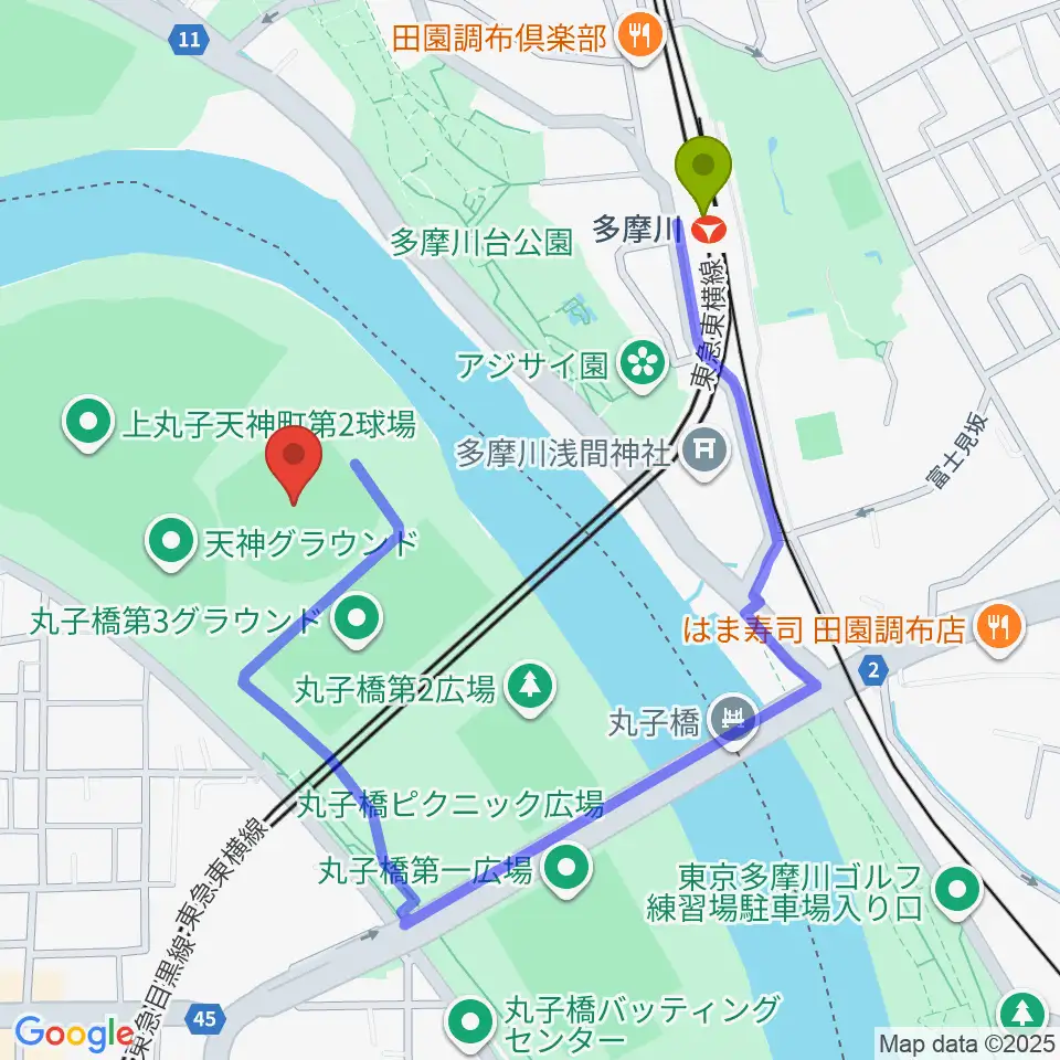 多摩川丸子橋硬式野球場の最寄駅多摩川駅からの徒歩ルート（約7分）地図