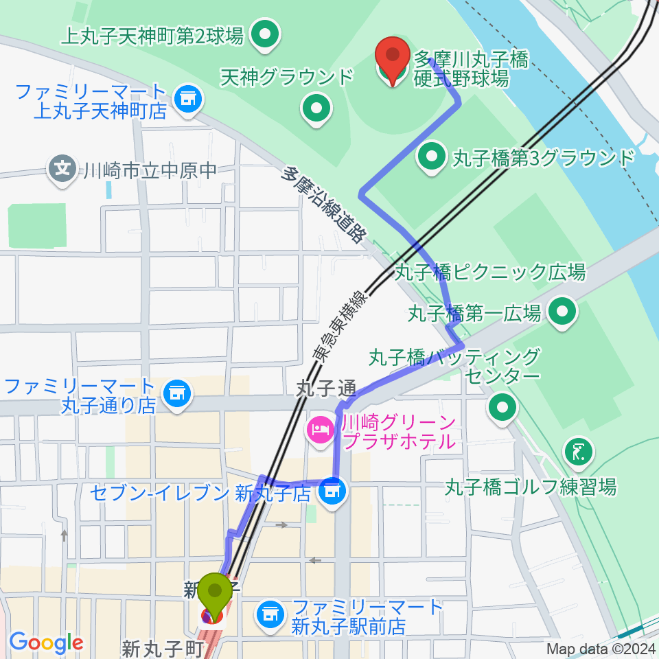 新丸子駅から多摩川丸子橋硬式野球場へのルートマップ地図