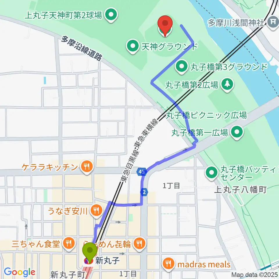 新丸子駅から多摩川丸子橋硬式野球場へのルートマップ地図