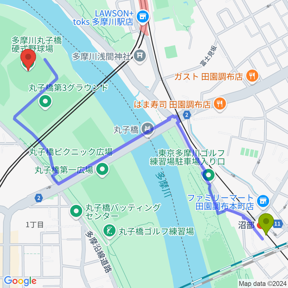 沼部駅から多摩川丸子橋硬式野球場へのルートマップ地図