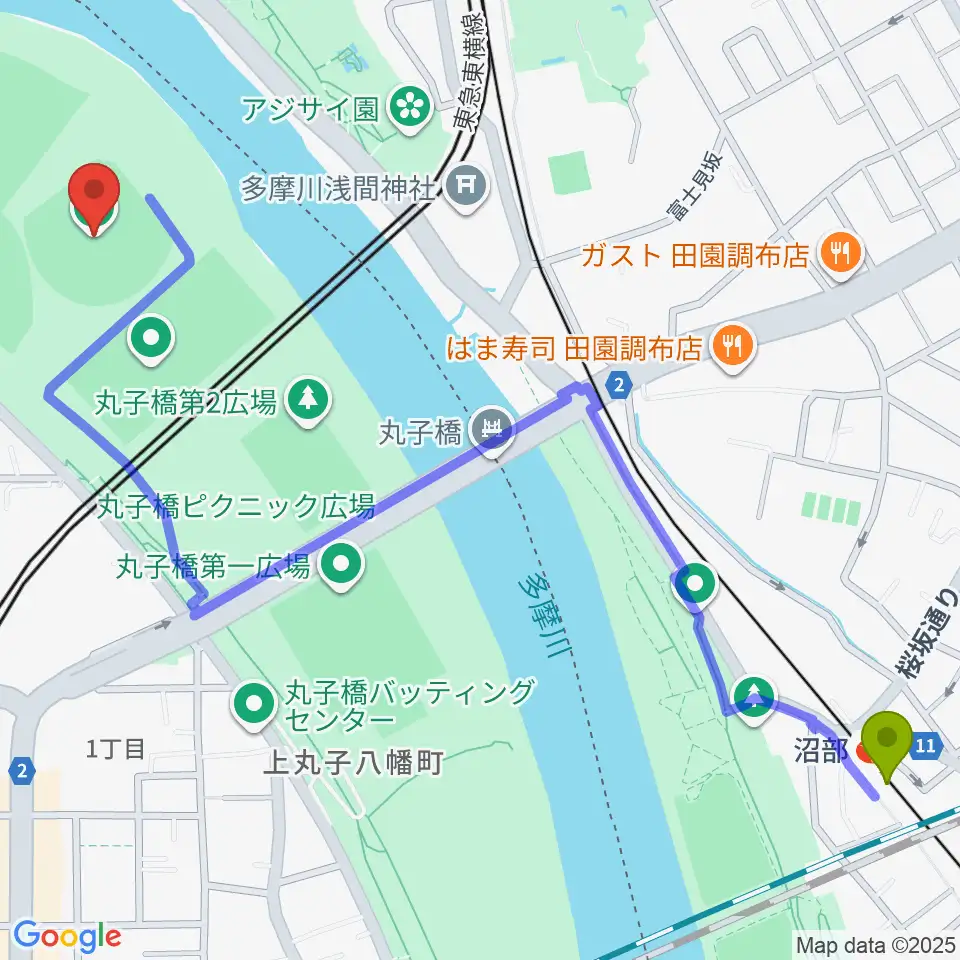 沼部駅から多摩川丸子橋硬式野球場へのルートマップ地図