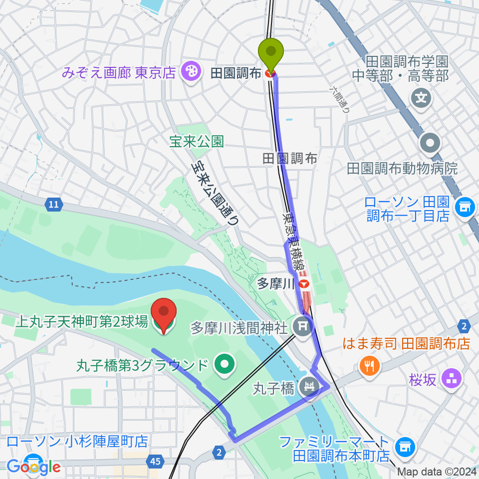 田園調布駅から上丸子天神町野球場へのルートマップ地図