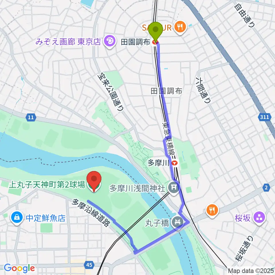 田園調布駅から上丸子天神町野球場へのルートマップ地図