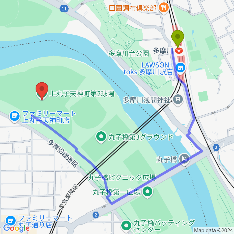 上丸子天神町野球場の最寄駅多摩川駅からの徒歩ルート（約10分）地図