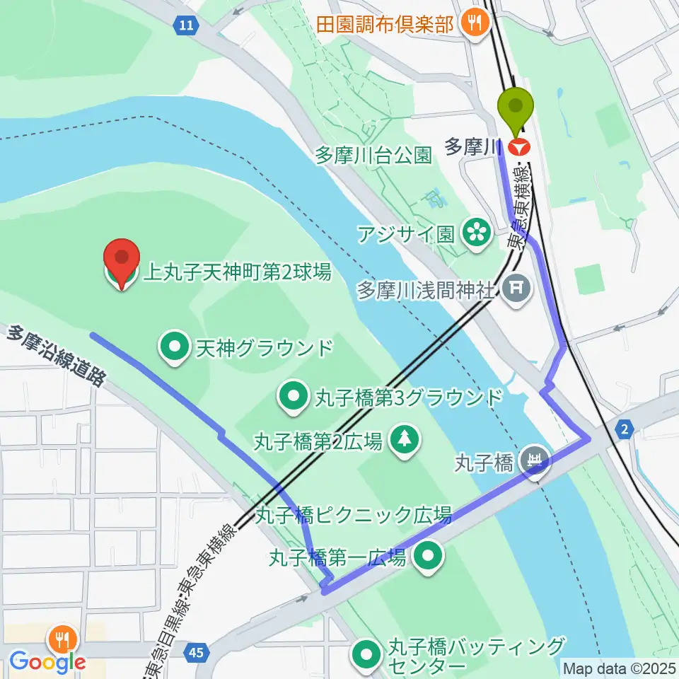 上丸子天神町野球場の最寄駅多摩川駅からの徒歩ルート（約10分）地図