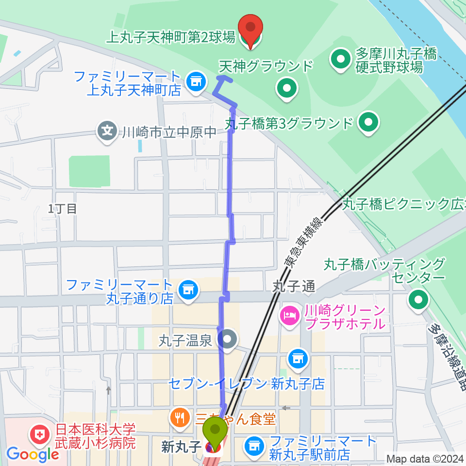 新丸子駅から上丸子天神町野球場へのルートマップ地図