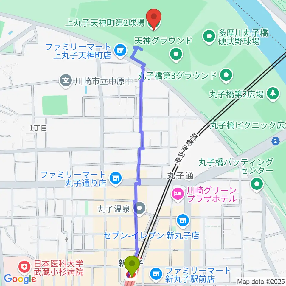 新丸子駅から上丸子天神町野球場へのルートマップ地図