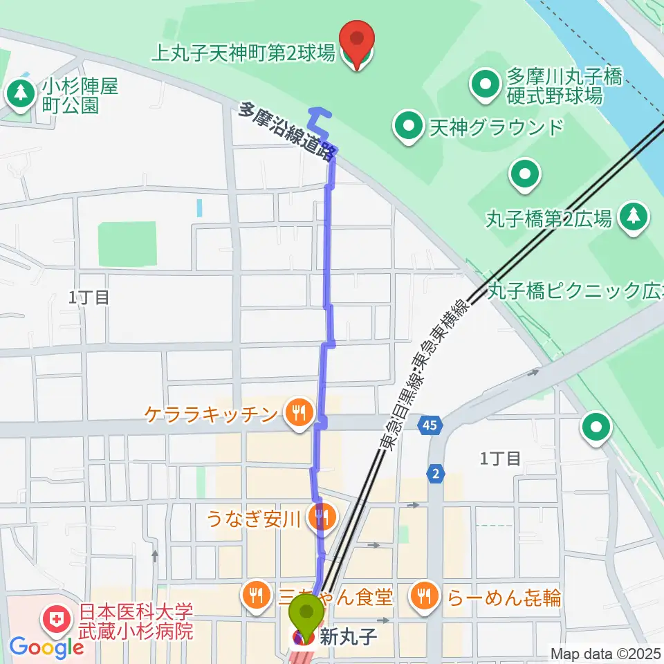 新丸子駅から上丸子天神町野球場へのルートマップ地図