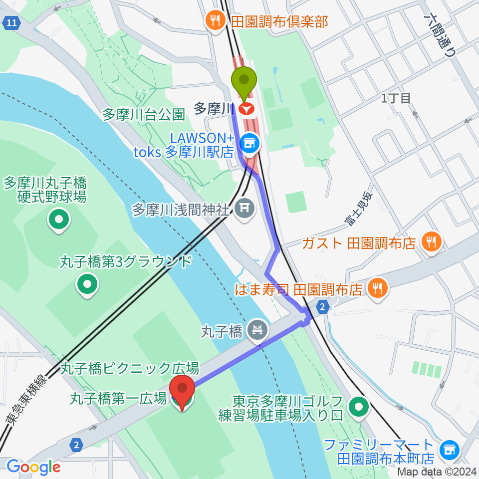 多摩川駅から丸子橋運動場へのルートマップ地図