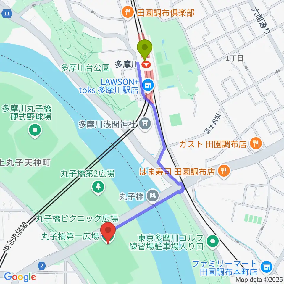 多摩川駅から丸子橋運動場へのルートマップ地図