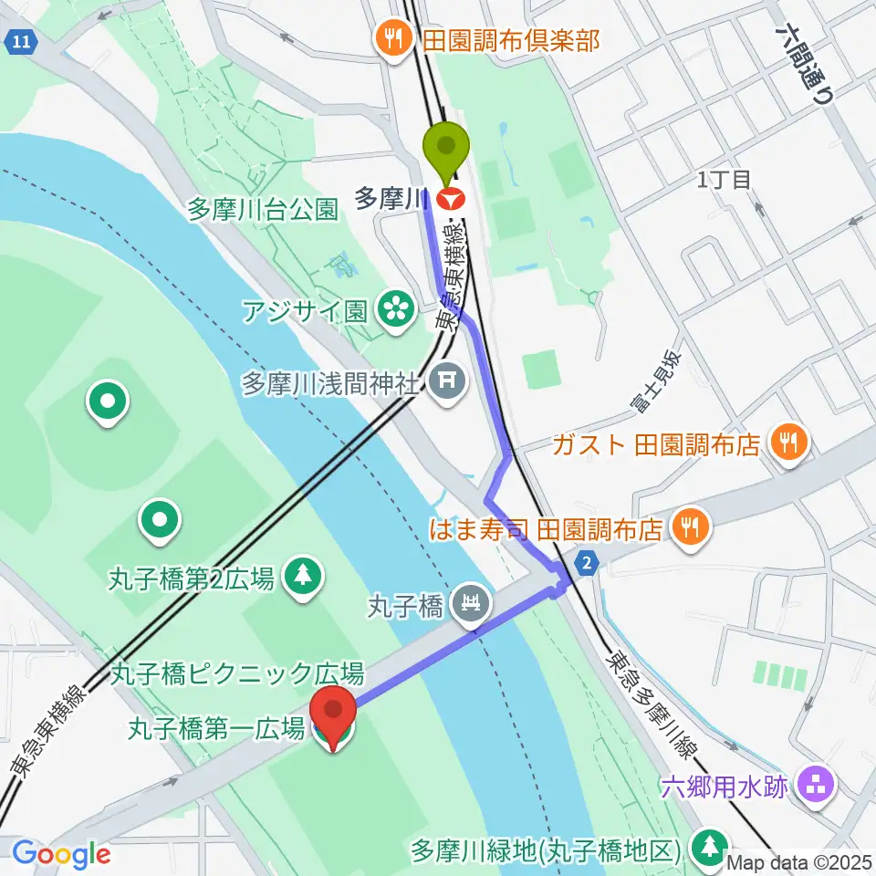 多摩川駅から丸子橋運動場へのルートマップ地図