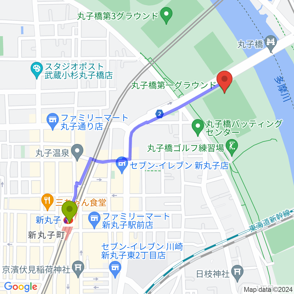 新丸子駅から丸子橋運動場へのルートマップ地図