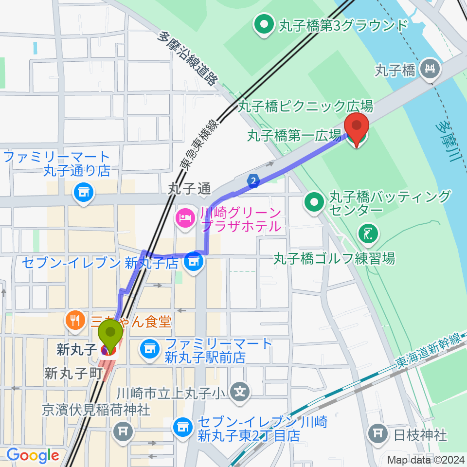 新丸子駅から丸子橋運動場へのルートマップ地図