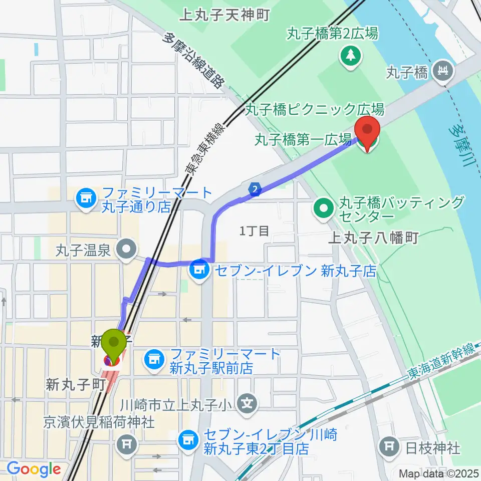 新丸子駅から丸子橋運動場へのルートマップ地図