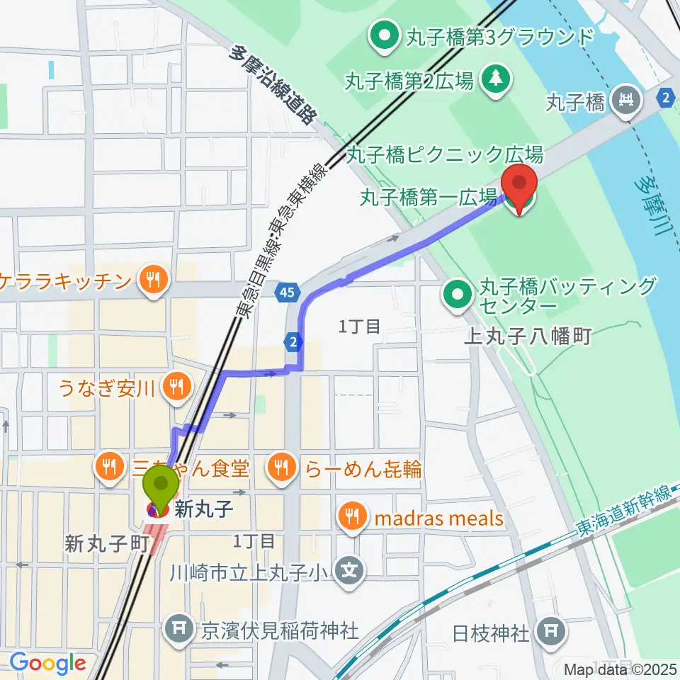 新丸子駅から丸子橋運動場へのルートマップ地図