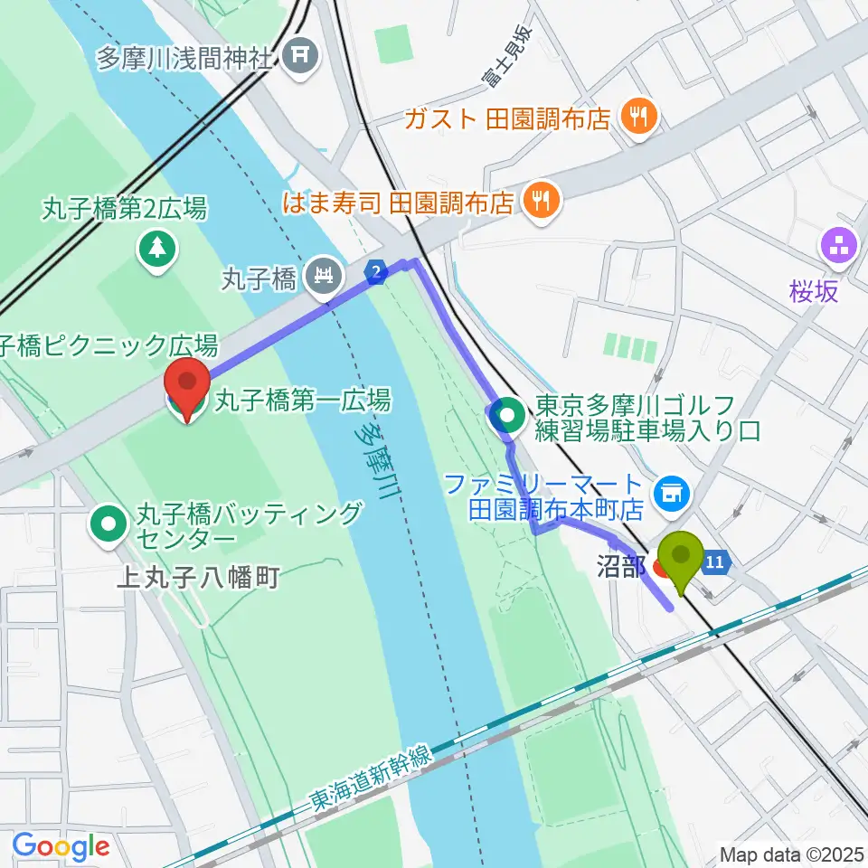 丸子橋運動場の最寄駅沼部駅からの徒歩ルート（約9分）地図