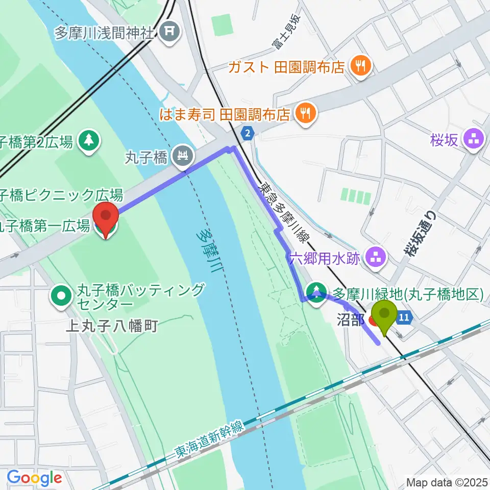 丸子橋運動場の最寄駅沼部駅からの徒歩ルート（約9分）地図