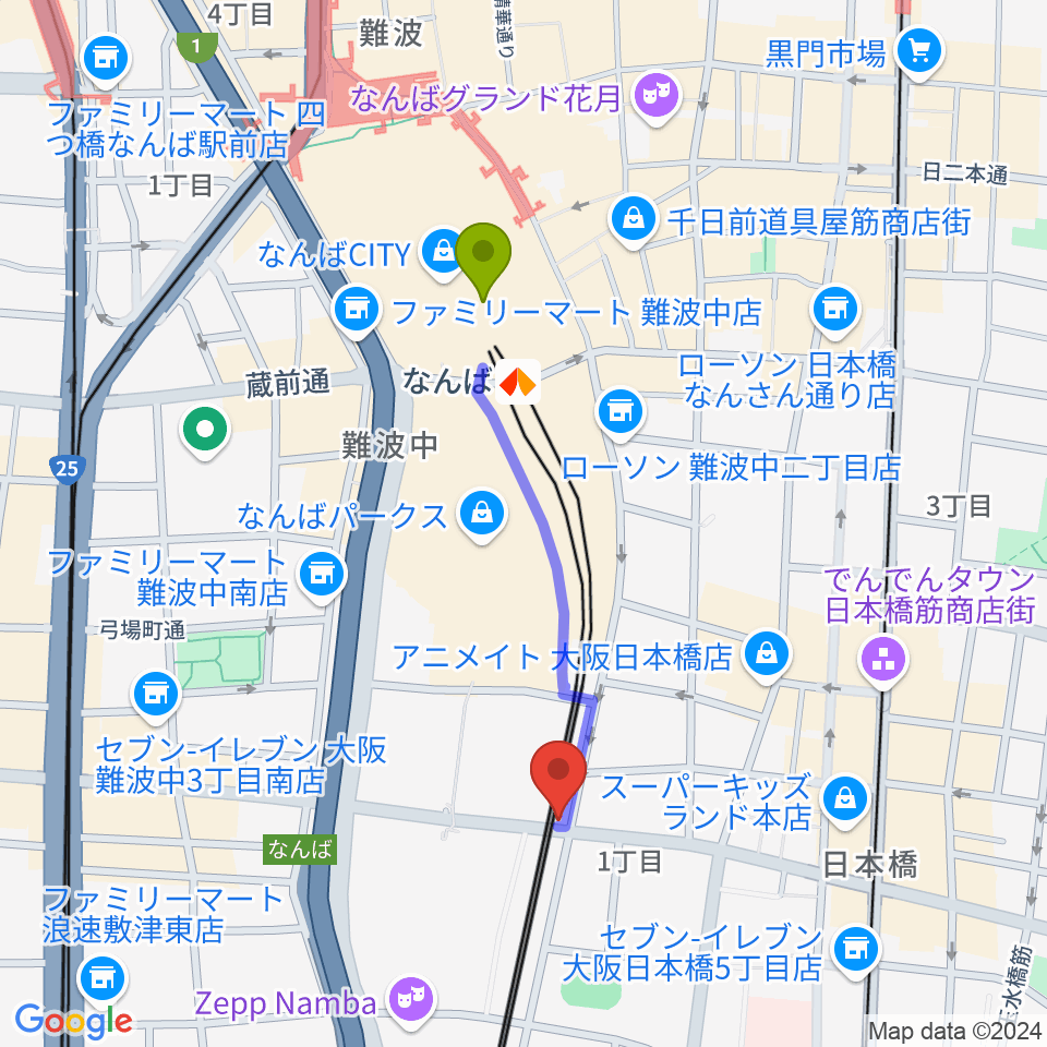 Yogibo META VALLEYの最寄駅難波駅からの徒歩ルート（約8分）地図