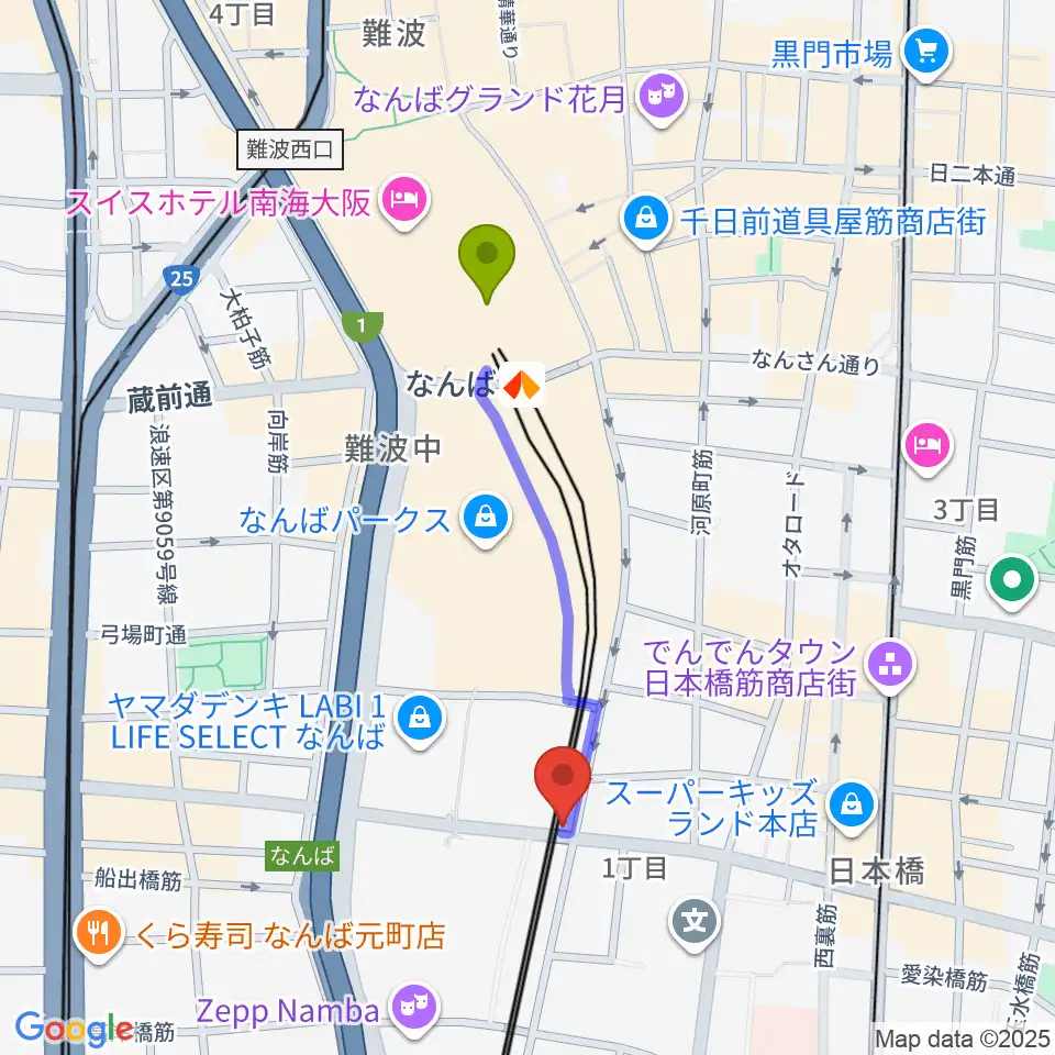 Yogibo META VALLEYの最寄駅難波駅からの徒歩ルート（約8分）地図