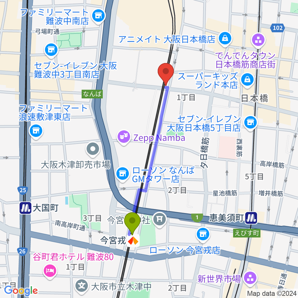 今宮戎駅からYogibo META VALLEYへのルートマップ地図