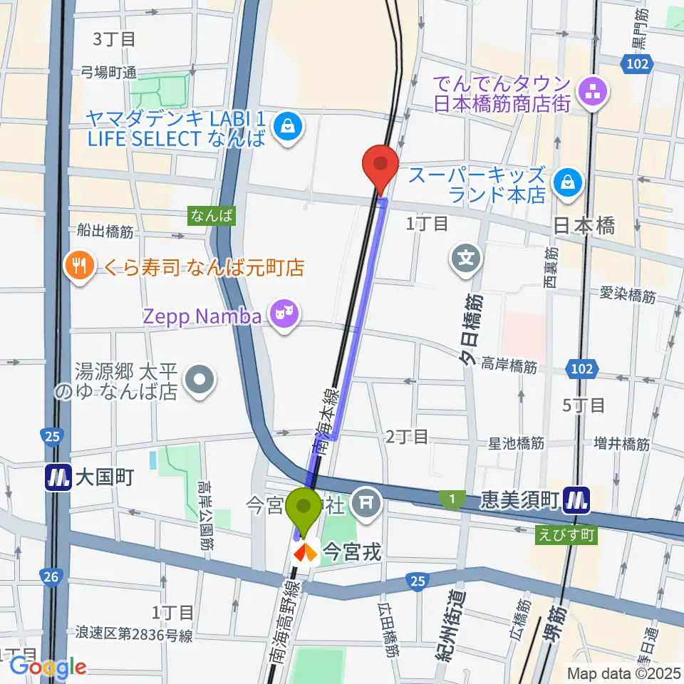 今宮戎駅からYogibo META VALLEYへのルートマップ地図