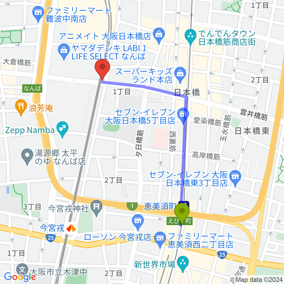 恵美須町駅からYogibo META VALLEYへのルートマップ地図