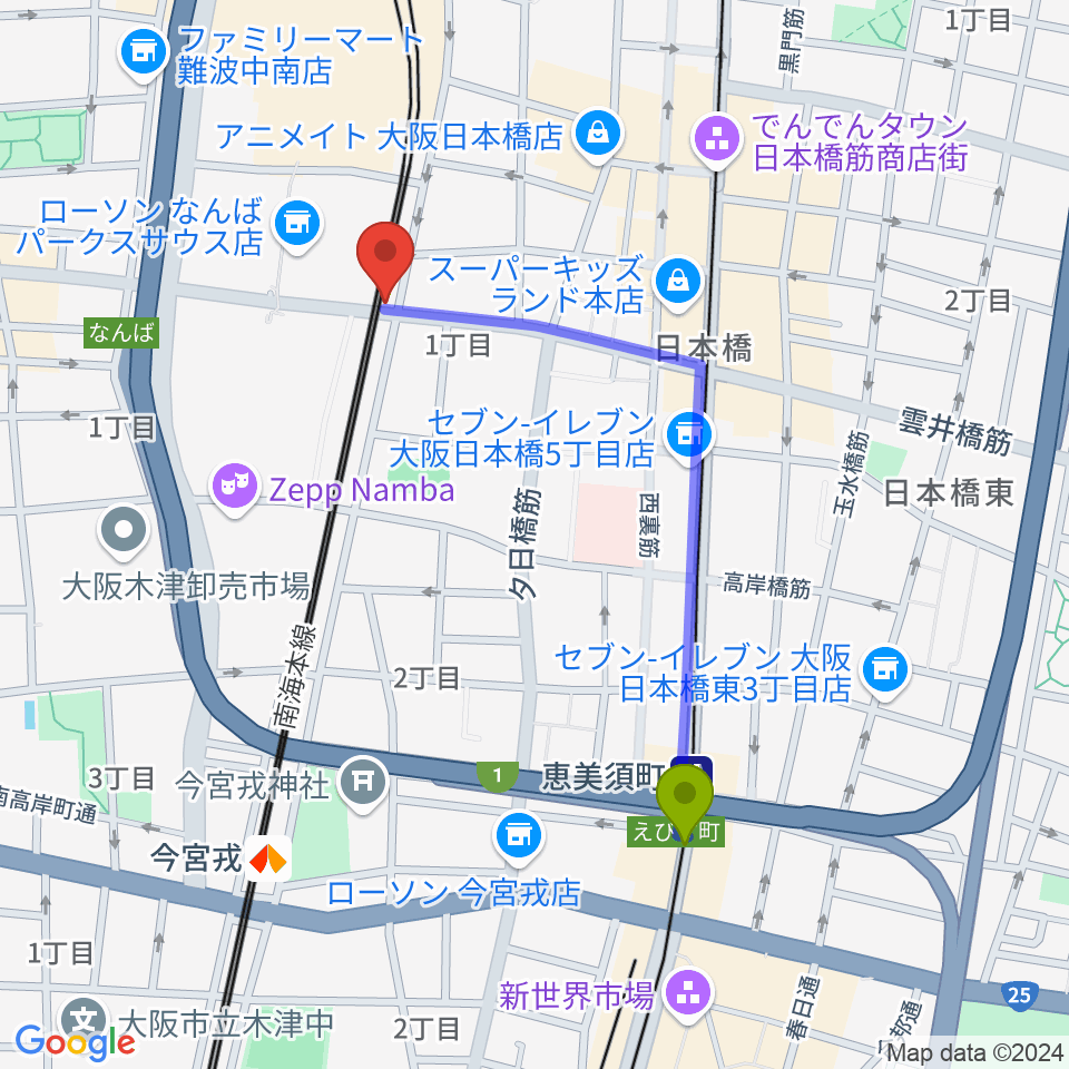 恵美須町駅からYogibo META VALLEYへのルートマップ地図