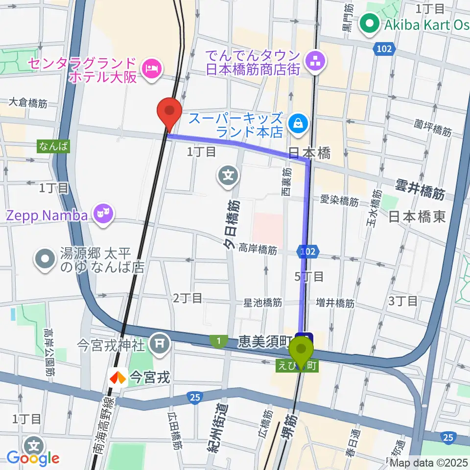 恵美須町駅からYogibo META VALLEYへのルートマップ地図