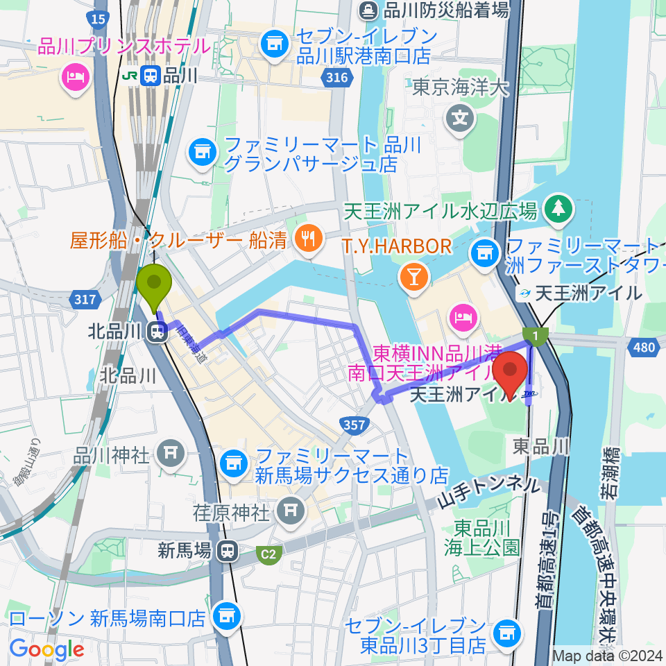 北品川駅から天王洲公園サッカー場へのルートマップ地図