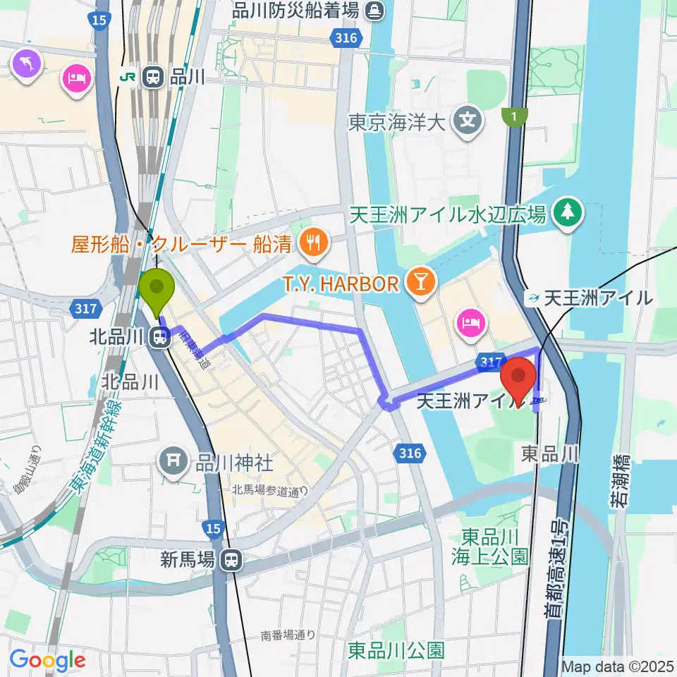 北品川駅から天王洲公園サッカー場へのルートマップ地図
