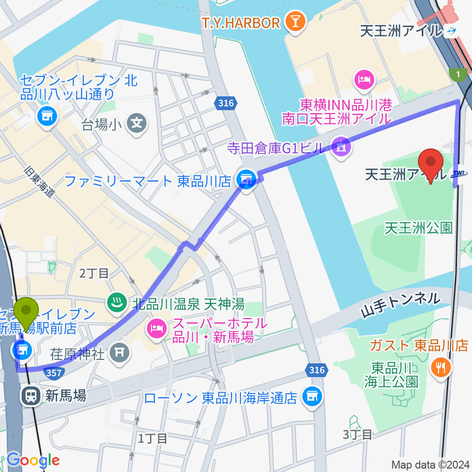 新馬場駅から天王洲公園サッカー場へのルートマップ地図